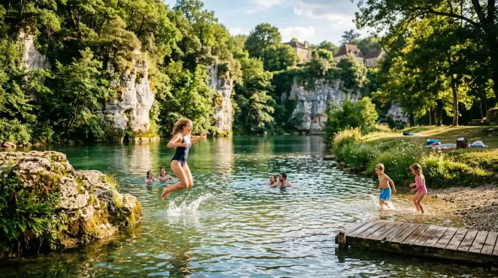 Enfants se baignent dans une rivière entourée de falaises calcaires