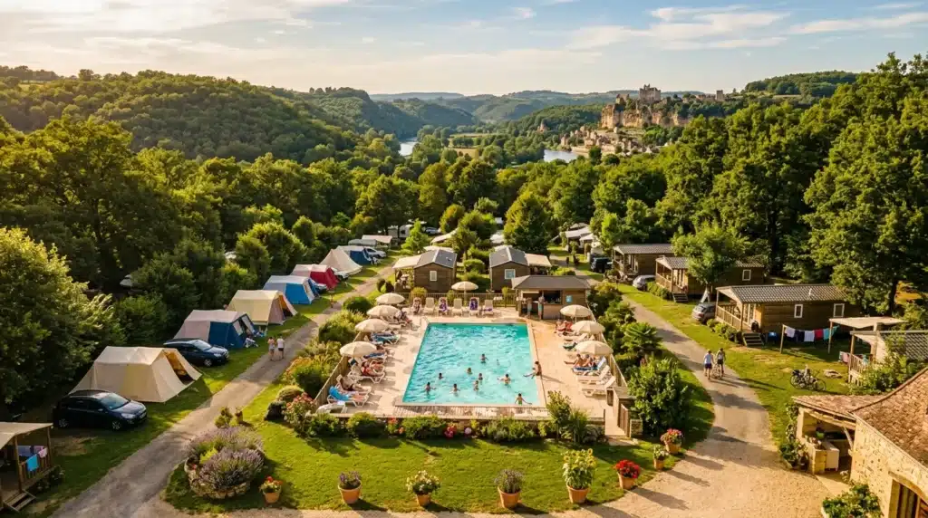 Camping avec piscine, chalets, forêt et château médiéval