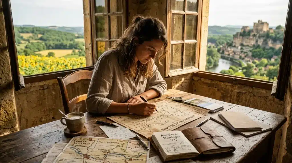 Femme dessinant une carte près d'une fenêtre pittoresque