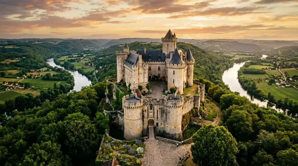 Château médiéval surplombant deux rivières avec forêts verdoyantes