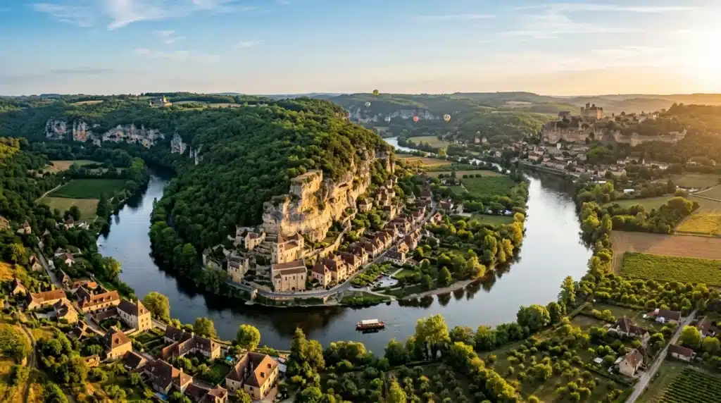 Vue aérienne d'un château médiéval entouré par une rivière sinueuse.
