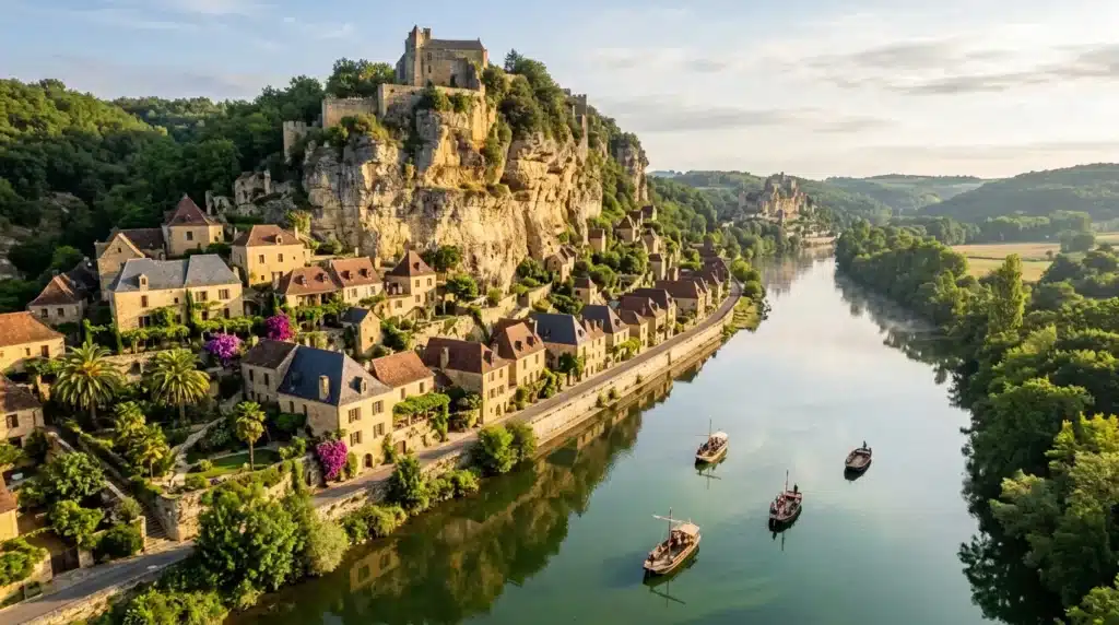 Village médiéval fortifié perché au-dessus d'une rivière calme