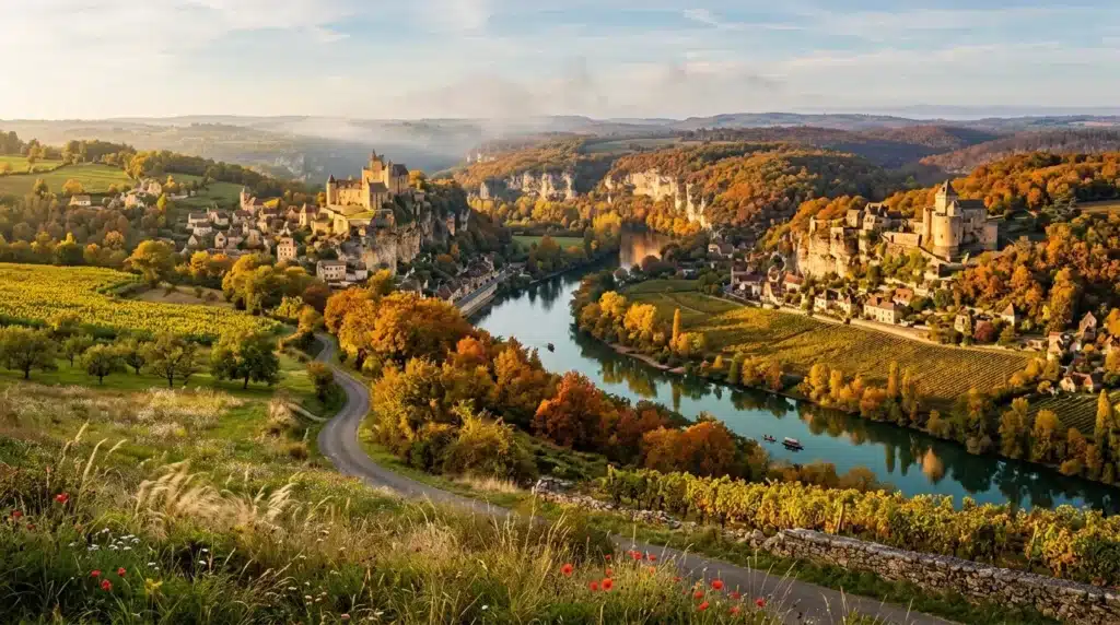 Deux châteaux médiévaux surplombant une rivière sinueuse en automne