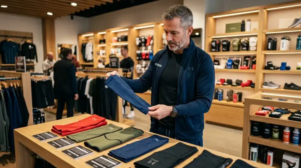 Homme examine un article bleu dans une boutique sportive