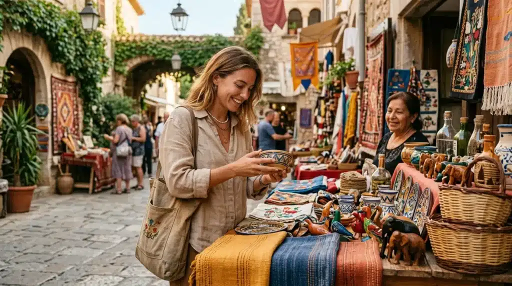 Femme admirant poterie colorée dans marché touristique ancien