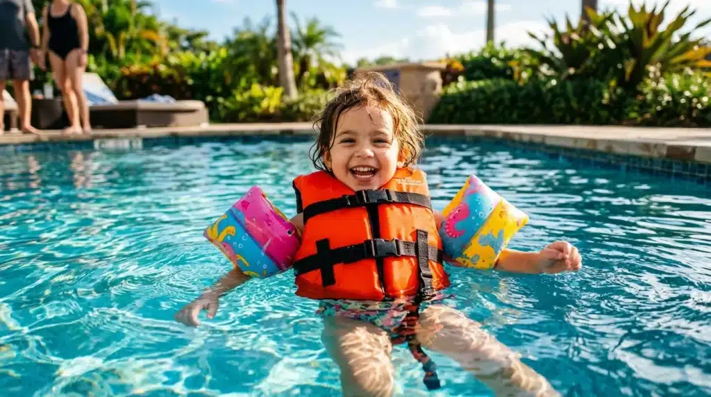 Petite fille souriante dans piscine avec gilet de sauvetage