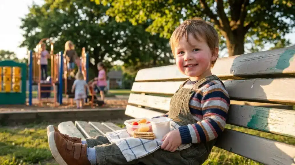 Petit garçon souriant mangeant sur banc parc