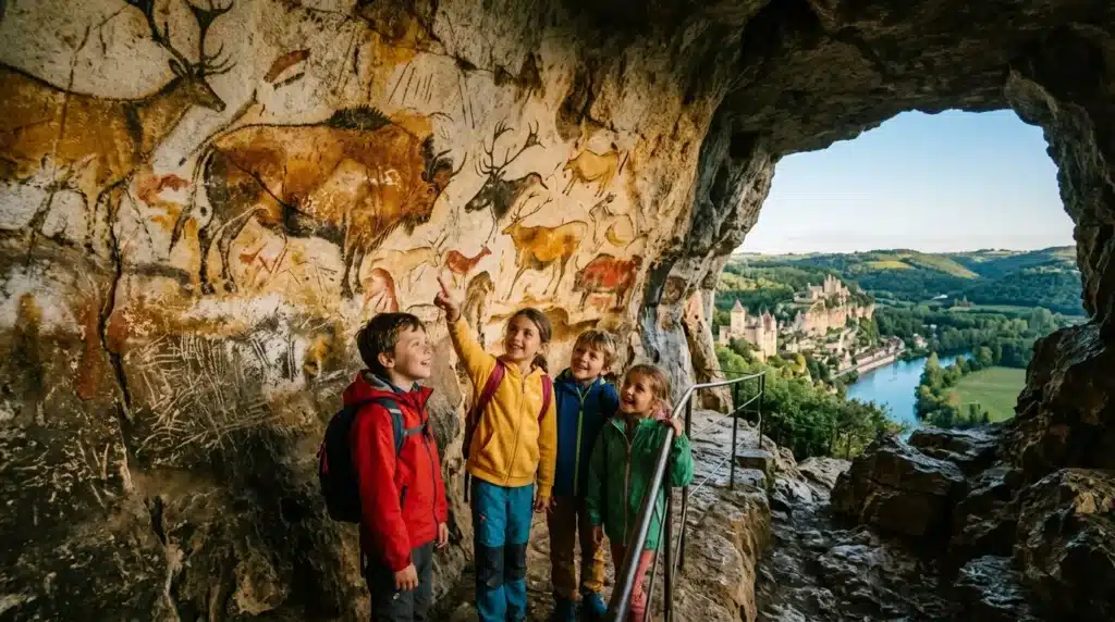 Quatre enfants admirent des peintures rupestres dans une grotte
