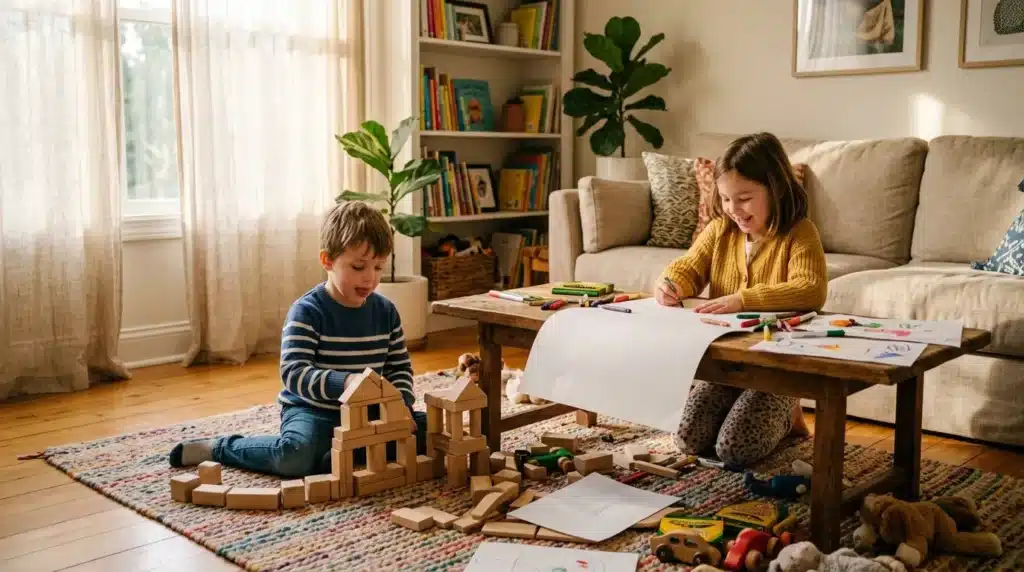 Deux enfants jouent et dessinent dans un salon lumineux et aéré