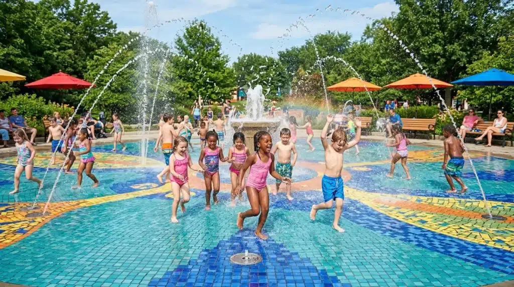 Enfants jouent dans une fontaine colorée par une journée ensoleillée