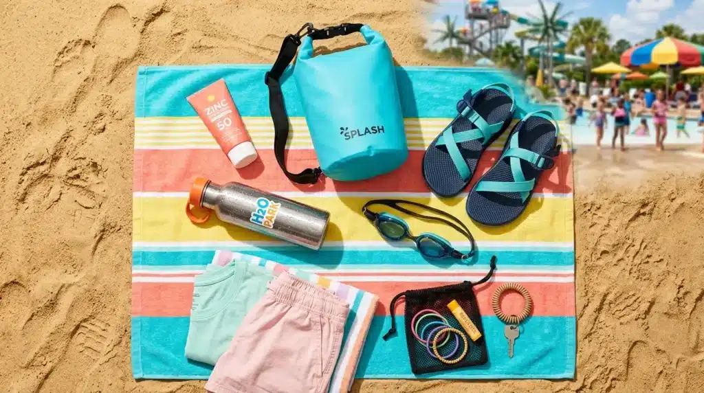 Accessoires et protection solaire disposés sur serviette rayée plage