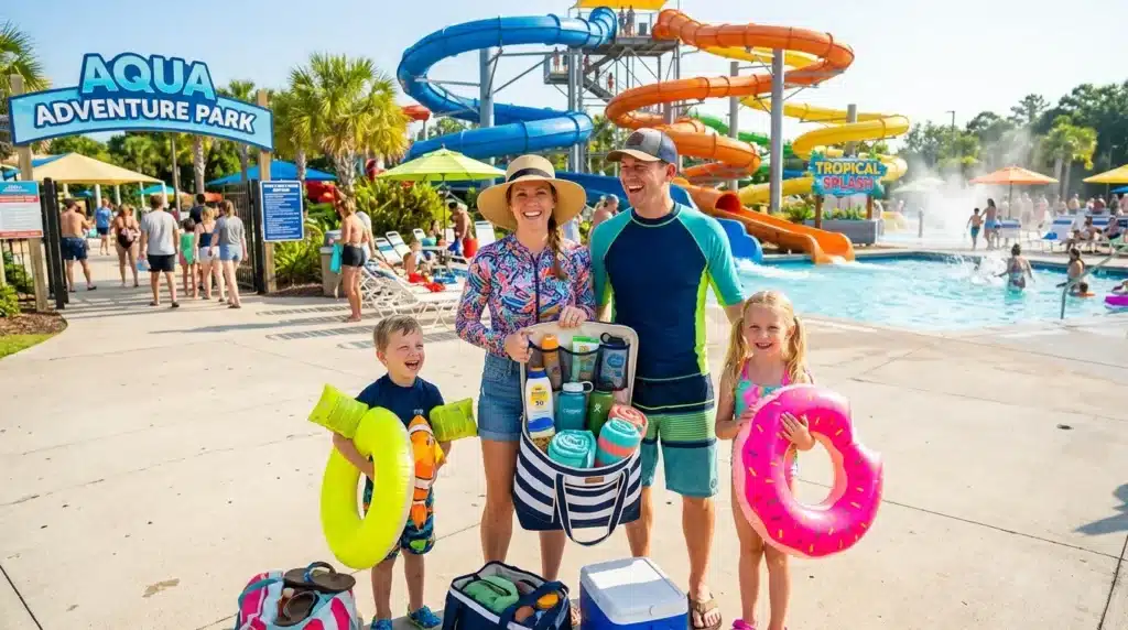 Famille heureuse au parc aquatique avec accessoires de plage