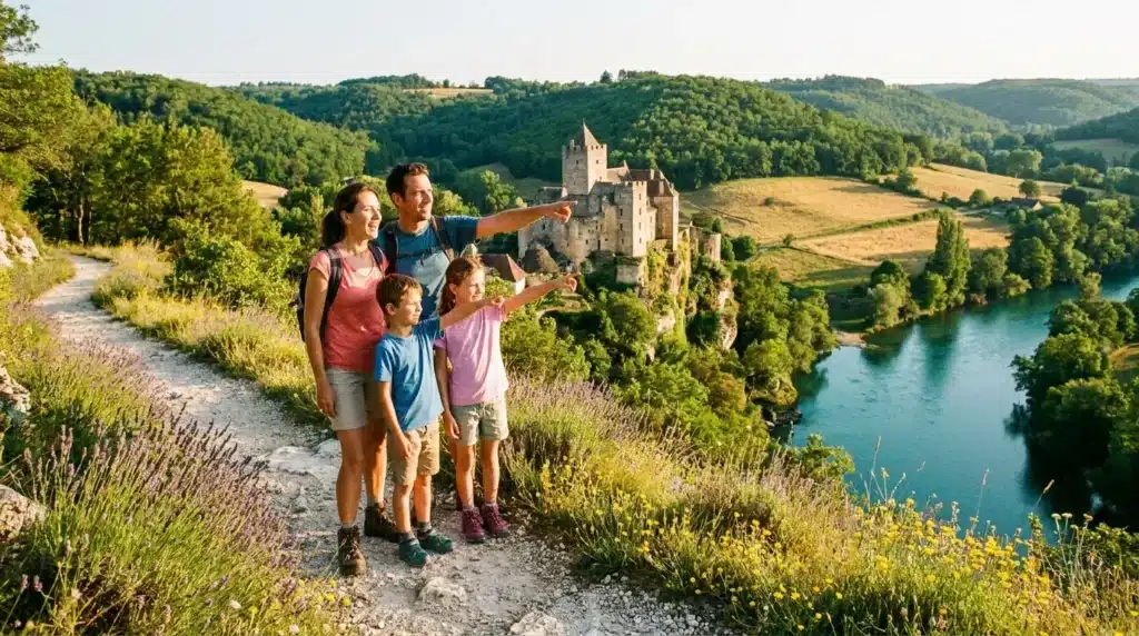 Famille randonnée montrant château médiéval rivière forêts
