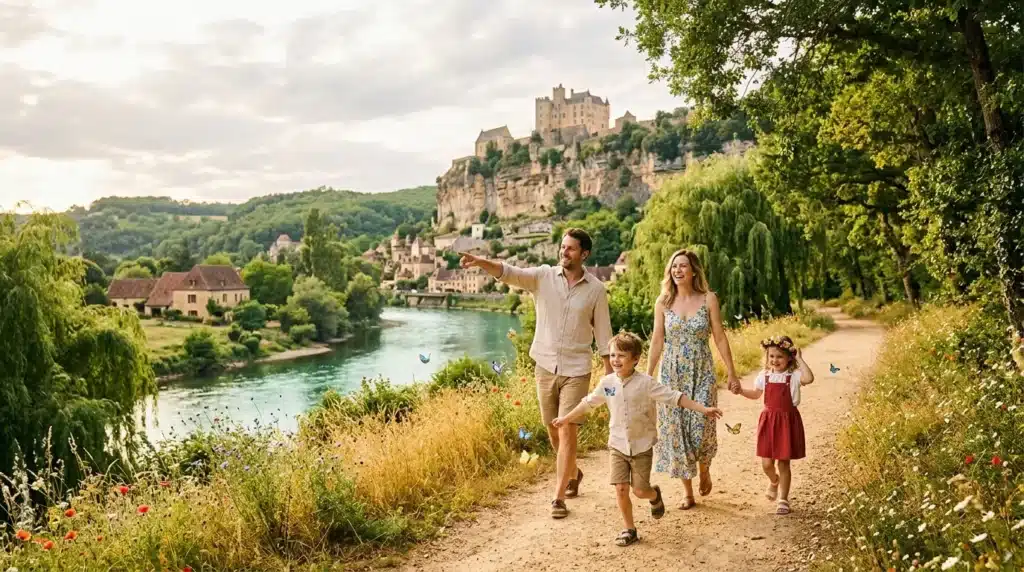 Famille marchant sur chemin rural avec château médiéval en arrière-plan