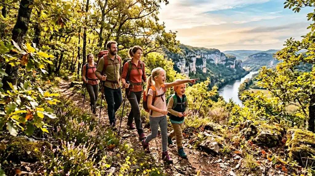 Famille hiking sur sentier montagneux avec rivière et château lointain