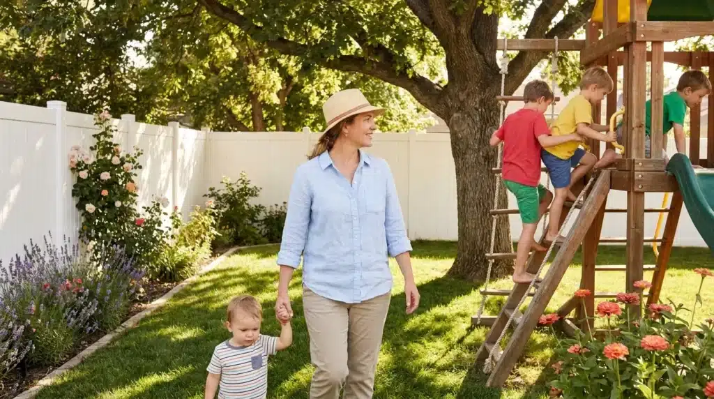 Femme et enfants jouant ensemble dans un jardin ensoleillé