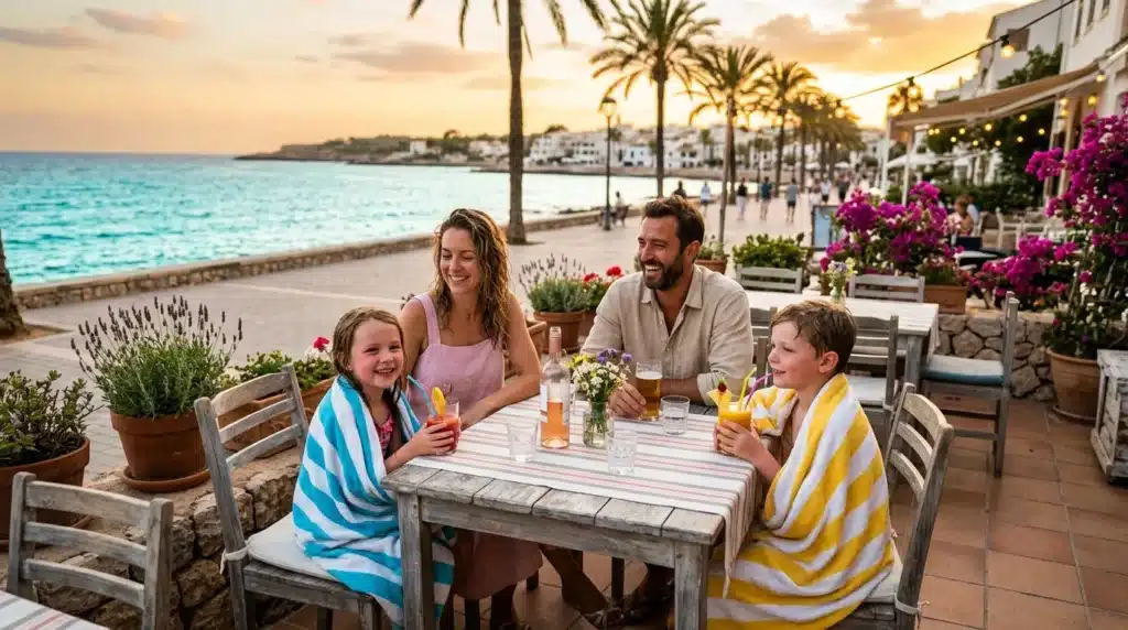 Famille heureuse dînant en terrasse face à la mer