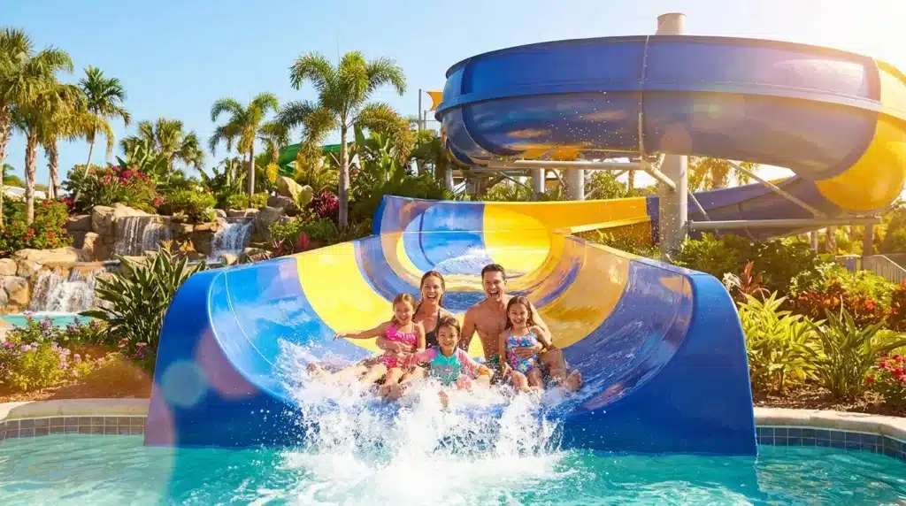 Famille glissant sur toboggan aquatique coloré bleu jaune