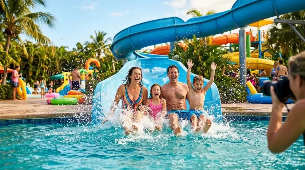 Famille joyeuse éclaboussant dans piscine parc aquatique coloré