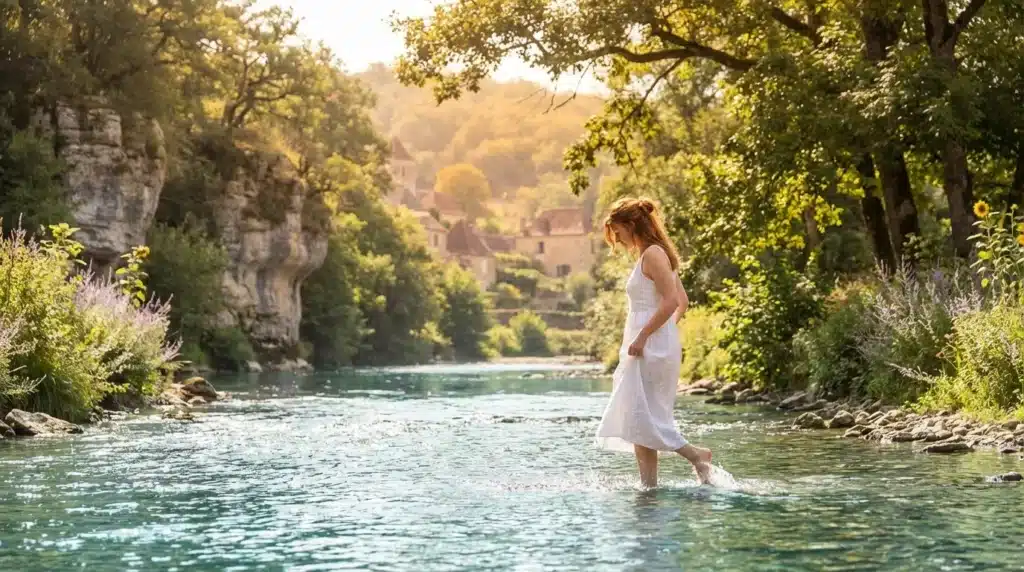 Femme vêtue de blanc pataugeant dans une rivière cristalline entourée de falaises