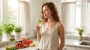 Femme boit eau infusée concombre menthe cuisine