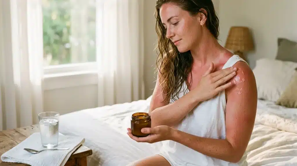 Femme appliquant soin sur brûlure solaire à l'épaule