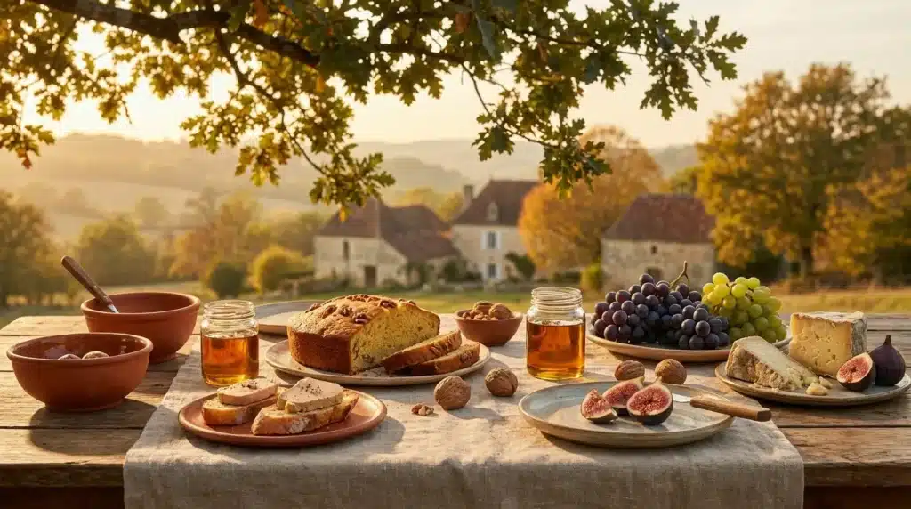 Table de campagne avec fruits, pain et fromage, châteaux en arrière-plan