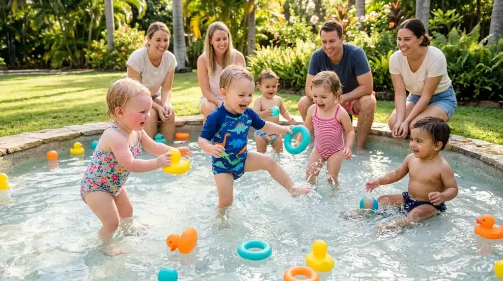 Enfants jouent dans piscine avec adultes superviseurs bienveillants