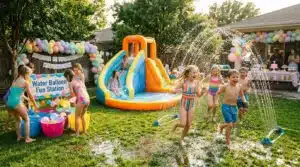Enfants jouant dans l'eau lors d'une fête d'anniversaire