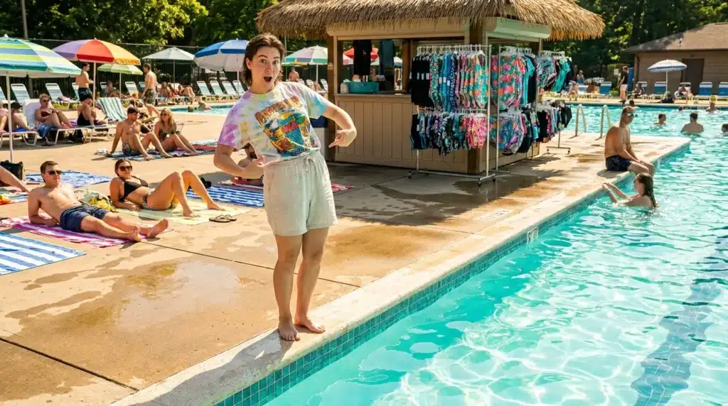 Jeune fille à la piscine, baigneurs et boutique de maillots