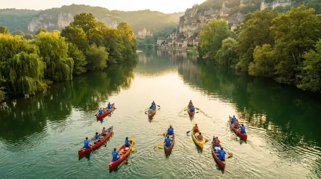 Groupe de kayakistes sur rivière calme entre falaises boisées