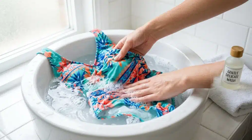 Mains lavant un tissu coloré dans une bassine d'eau savonneuse