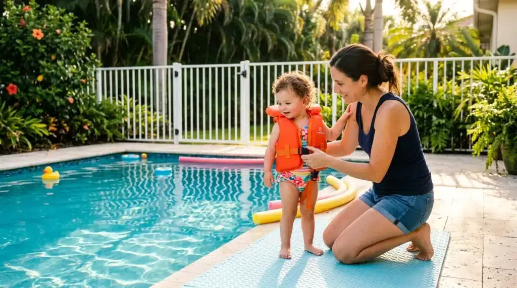 Femme et enfant en gilet de sauvetage à la piscine