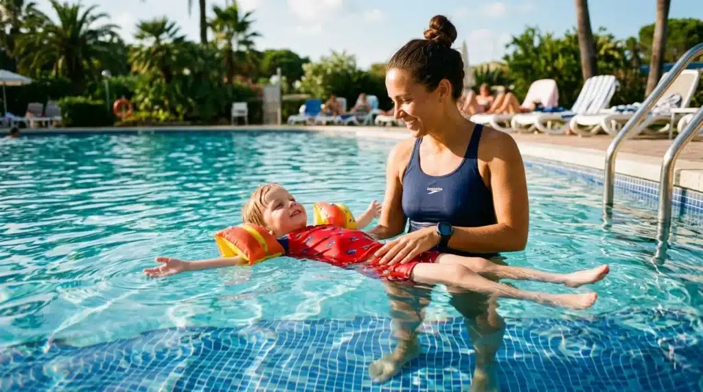 Femme enseignant la natation à un enfant en piscine