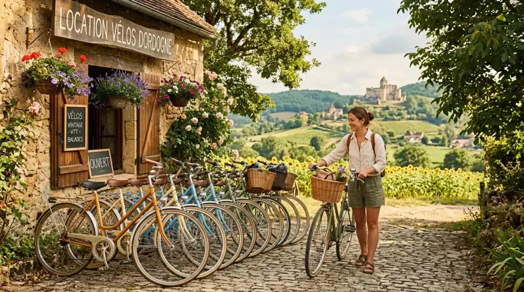 Femme avec vélo devant magasin de location fleuri, château en arrière-plan