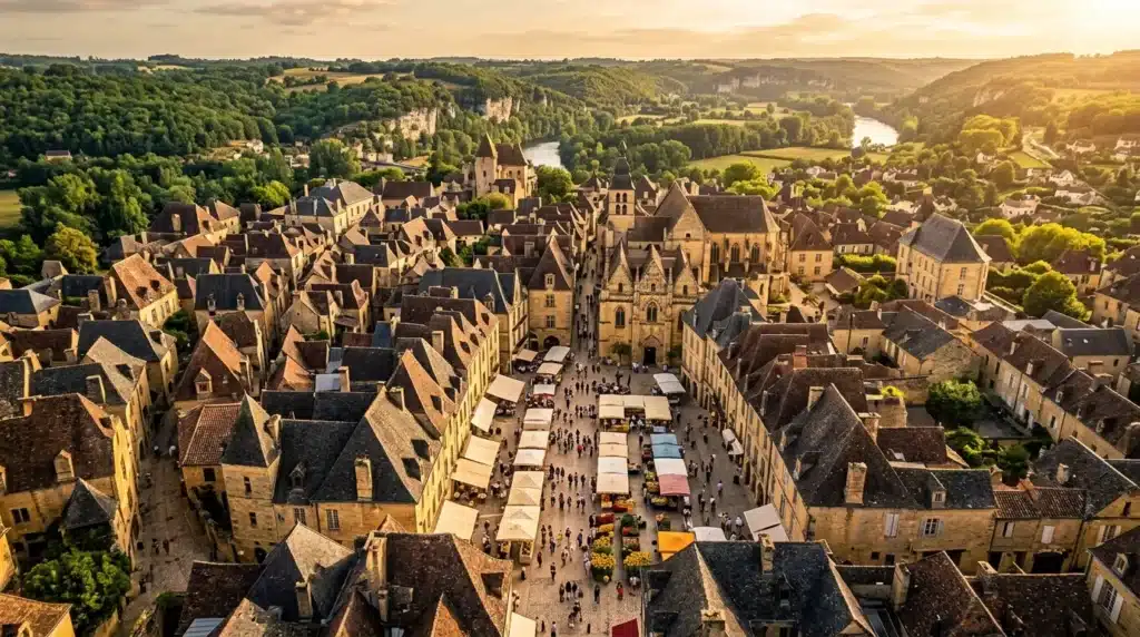 Vue aérienne d'un village médiéval avec marché et rivière