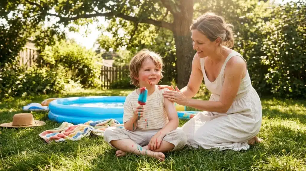 Femme et jeune enfant mangent une glace dans un jardin ensoleillé