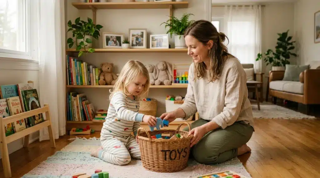 Femme et enfant rangent des jouets colorés dans un panier