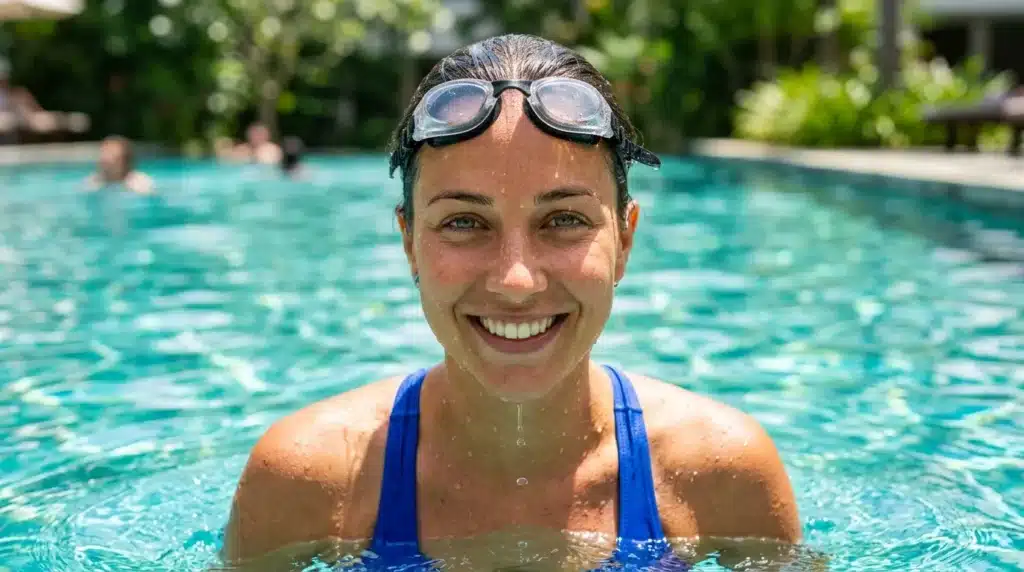 Femme souriante avec lunettes de natation dans une piscine