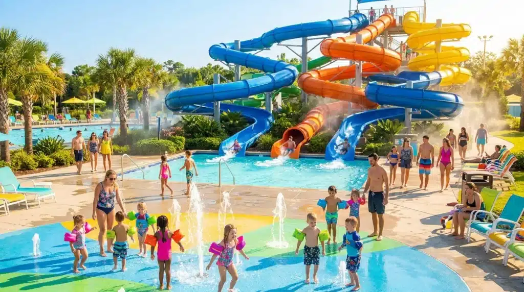 Enfants jouent dans parc aquatique coloré avec toboggans