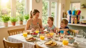 Mère et deux enfants prennent le petit-déjeuner ensemble à table