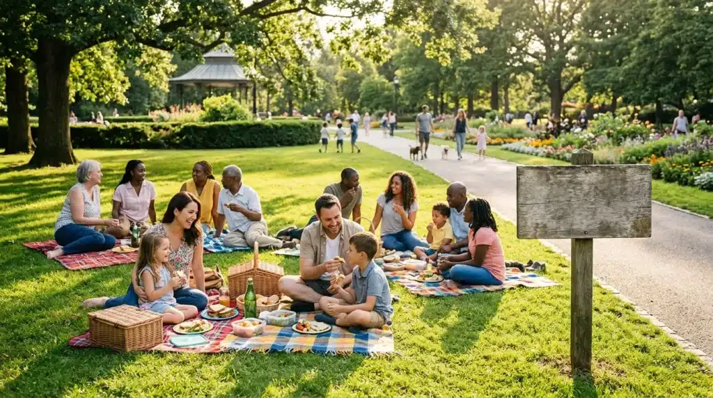 Familles pique-niquant sur l'herbe verte d'un parc ensoleillé