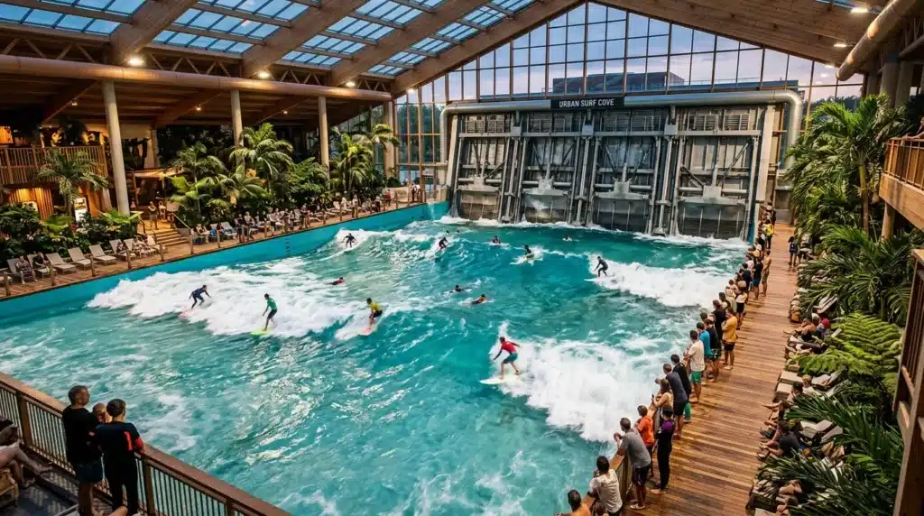 Surfeurs dans une piscine à vagues couverte avec spectateurs