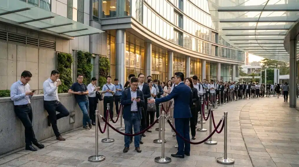 Foule de personnes en file d'attente dans une cour urbaine
