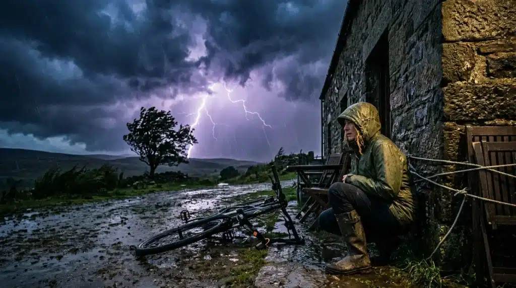 Cycliste cherchant refuge durant violent orage avec éclairs