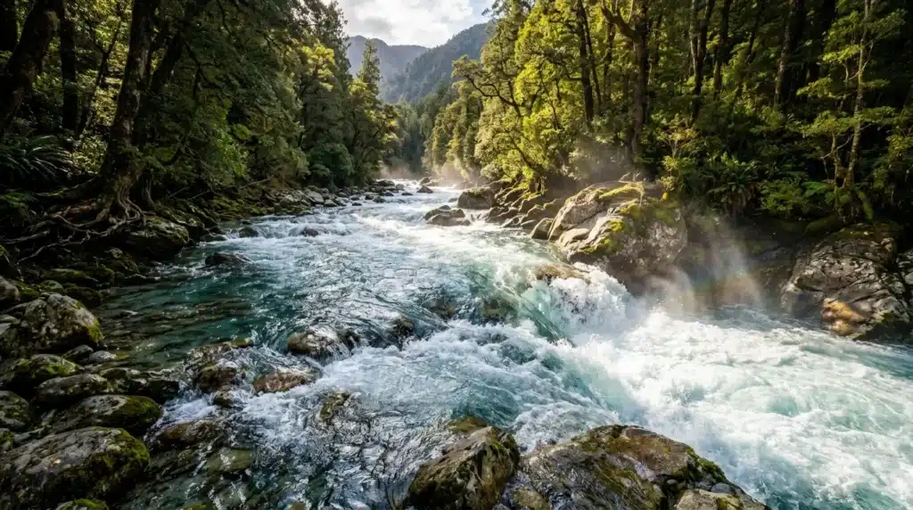 Rivière tumultueuse traversant forêt dense entre montagnes boisées