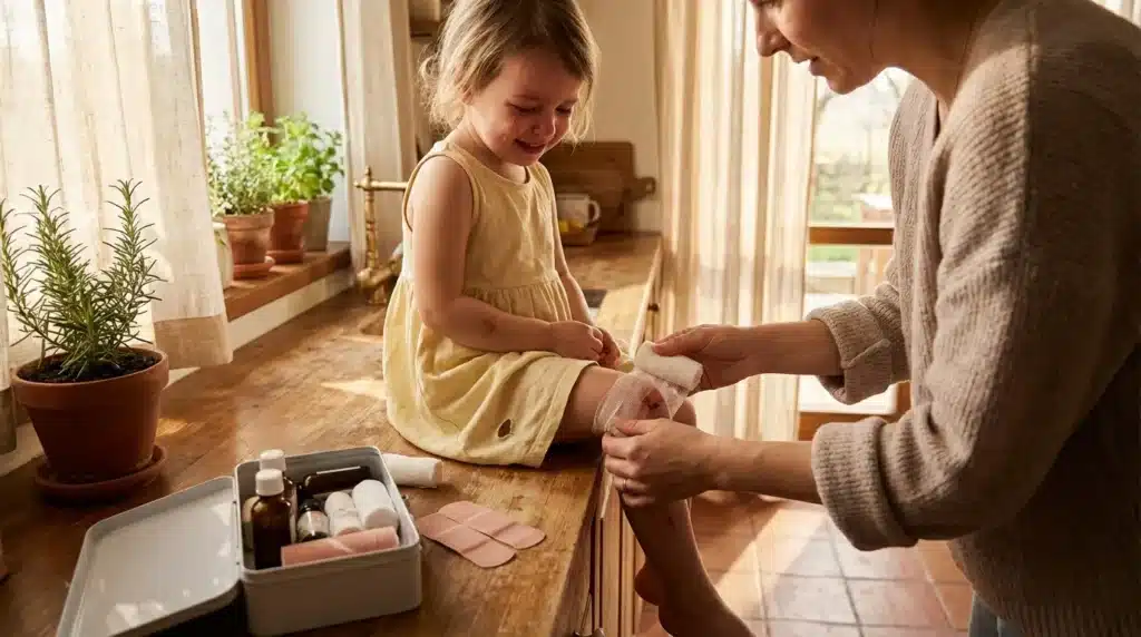 Adulte appliquant un pansement sur la jambe d'une enfant