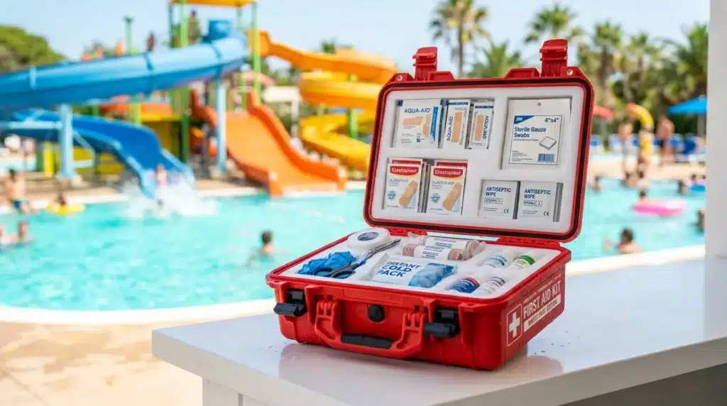 Mallette rouge de premiers secours ouverte près d'une piscine