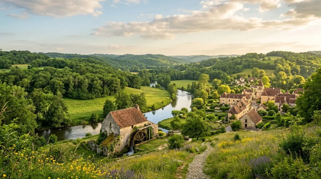 Moulin à eau ancien dans vallée verdoyante française avec village.