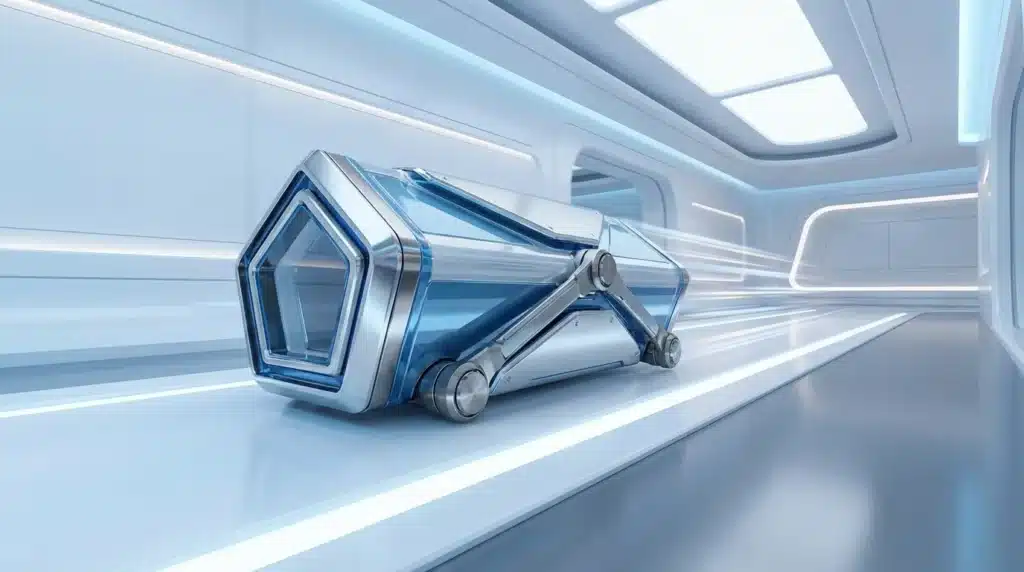 Concept de voiture futuriste autonome dans un couloir lumineux minimaliste